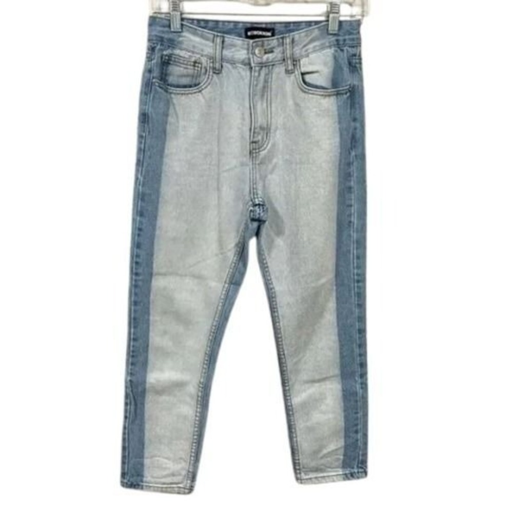 MOMOKROM Women Two Tone High Waisted Mom Jeans Light‎ Wash Blue UK 8 EU 36